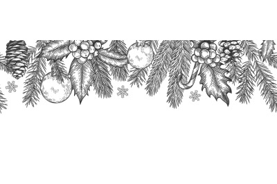 Xmas seamless green border. Horizontal banner with christmas tree bran