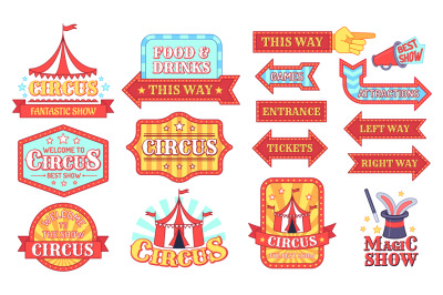 Circus labels. Carnival and circus show invitation badges, entertainme