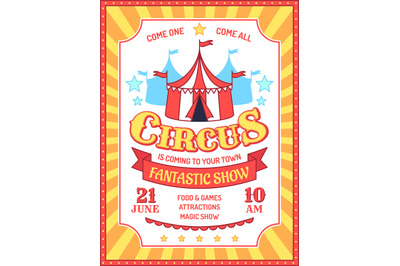 Circus poster. Fun fair event invitation, carnival performances announ