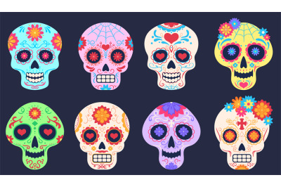 Dead day skulls. Dia de los muertos decoration with flowers and skulls