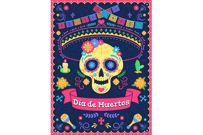 Dia de los muertos poster. Dead day holiday&2C; skull with flowers&2C; ribbo