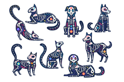 Day animals. Dia de los muertos&2C; cats and dogs skulls&2C; skeletons decor