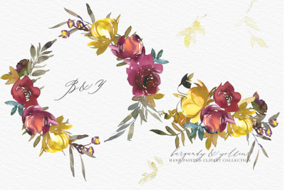 Burgundy and Yellow Watercolor Floral Clipart Set