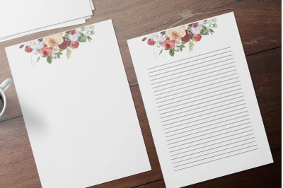 Watercolor Elegant Foral Stationery, Digital Lined Paper