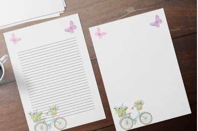 Spring Bicycle Watercolor Wedding Invitation Papers, Stationary Sheets