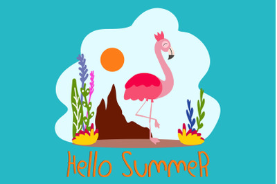 Flat Illustration Summer with pink flamingos