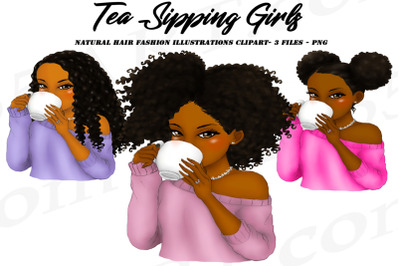 Tea Sipping Girls Clipart Black Woman Illustrations