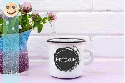 White campfire enamel mug mockup with pink clover