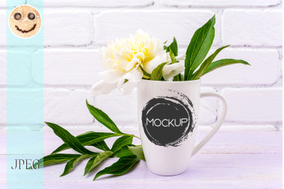 White coffee cappuccino mug mockup with peony