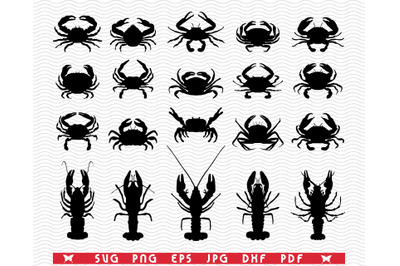 SVG Crawfish Crab, Black silhouettes digital clipart