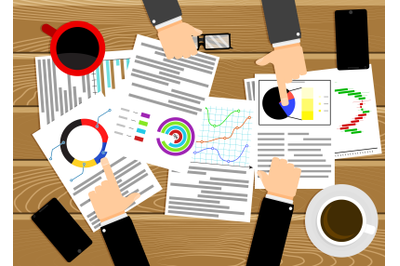 Analyzing chart graphic, business meeting and looking annual report