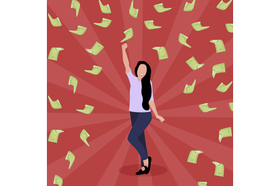 Happy woman celebrating under money rain