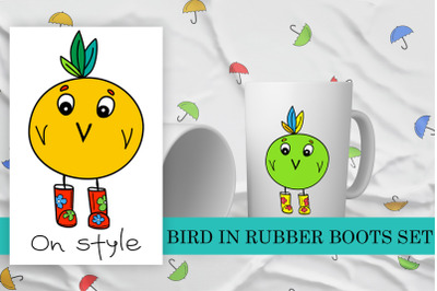 Bird in rubber boots set of pattern and illustrations