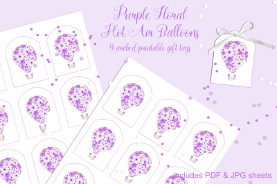 Purple Floral Hot Air Balloons Printable Tags