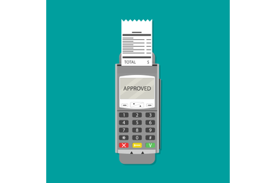 Terminal with bill. Pos financial receipt, paper check