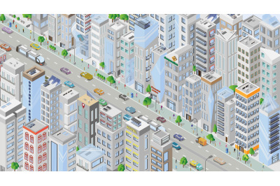 Isometric city. Megapolis with cars and people. Set of houses.