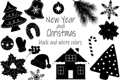 Set New Year and Christmas black and white colors vector