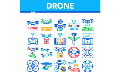 Drone Fly Quadrocopter Collection Icons Set Vector