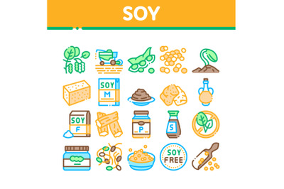 Soy Bean Food Product Collection Icons Set Vector