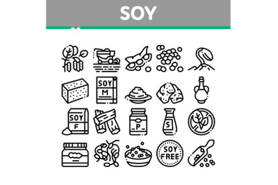 Soy Bean Food Product Collection Icons Set Vector