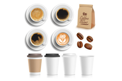 Coffee Beans, Drink, Cup And Package Set Vector