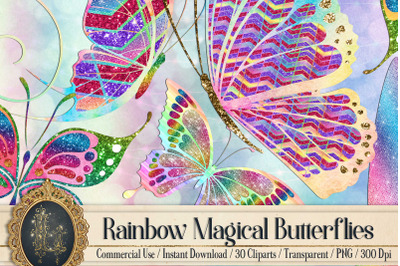 30 Rainbow Glitter Sequin Watercolor Butterfly Clip Arts PNG