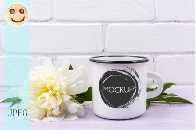 White campfire enamel mug mockup with cream peony