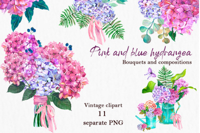 Watercolor pink and blue hydrangea with tropical leaves and eucalyptus