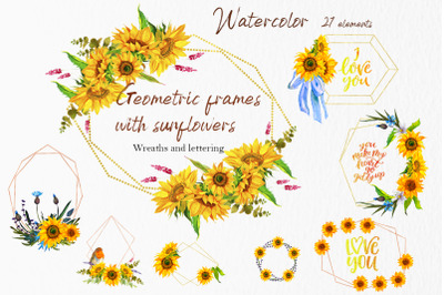 Geometric frames with sunflowers and eucalyptus sprigs