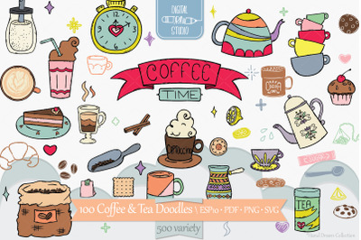 Coffee &amp; Tea | Colored Hand Drawn Cookies, Espresso Machine, Cups