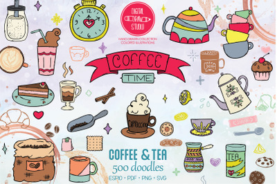 Coffee &amp; Tea | Colored Hand Drawn Cookies, Espresso Machine, Cups