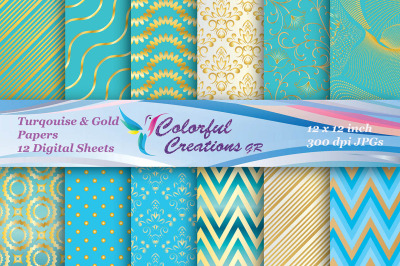Turquoise And Gold Set Digital Papers, Floral Pattern, Polka Dots, Che