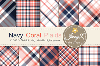 Coral Navy Plaid Digital Papers