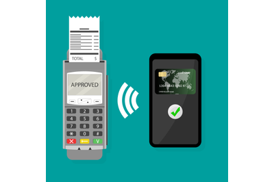 Wireless pay pass with smartphone. Vector transaction wireless