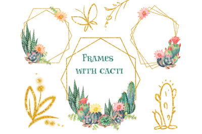 Floral frames with cacti. Watercolor flowers cacti frames for cards