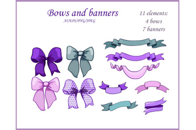 green and lavender bows and ribbons banners, 11 elements set