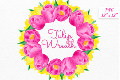 Watercolor&nbsp;Pink Yellow tulip wreath Floral wedding clipart&nbsp;