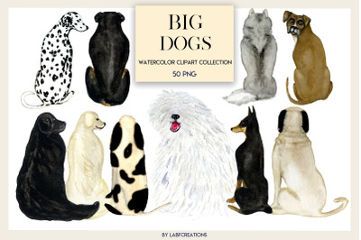 Big Dogs watercolor clip art, backs of Dogs. Dog Gifts