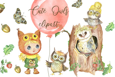 Owls watercolor clipart. Baby animal clipart, owl, woodland, forest