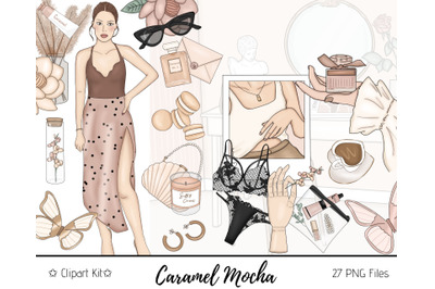 Caramel Mocha Modern Fashion Girl Clip Art Watercolor Clipart Planner