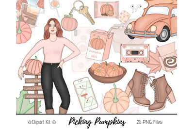 Picking Pumpkins Fall Fashion Girl Clip Art Watercolor Clipart