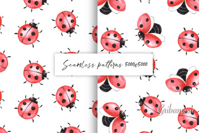 Ladybugs. Seamless watercolor patterns
