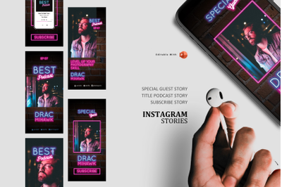 Podcast template neon style instagram stories and posts powerpoint tem