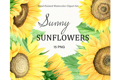 Watercolor sunflowers clipart set. Summer flowers PNG clip art.