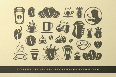 Coffee Beans and Cups Silhouettes and Icons