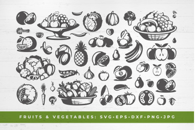 Healthy Food Vegetables with Fruits Symbols and Silhouettes