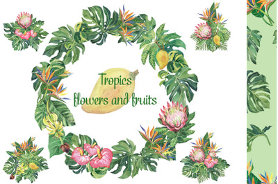 Tropical clipart  watercolor flower. Tropical leaves for decor