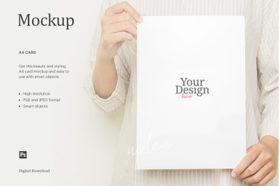 A4 Card Mockup, Model Handling Card Mockup with Stripe Shirt