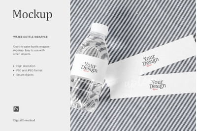 Water Bottle Wrapper Mockup, Water Bottle With Stiped Tablecloth Mocku