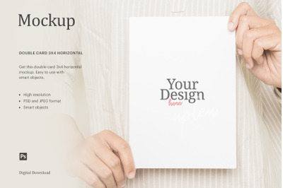 A5 Card Mockup&2C; Model Handling Card Mockup with Stripe Shirt